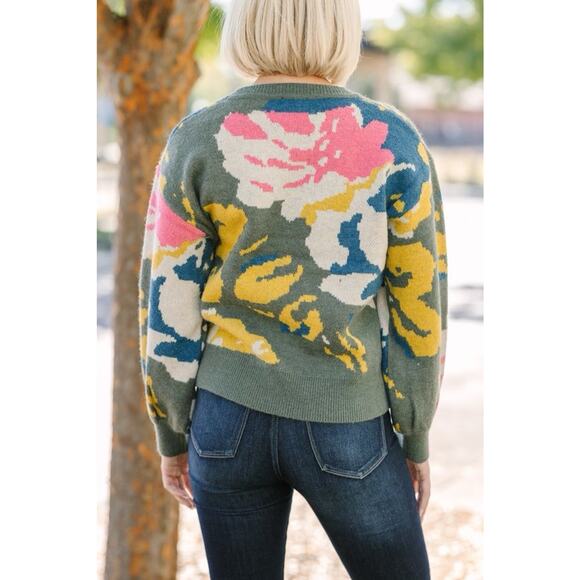 Voy Green Floral Abstract Sweater Size Small - Picture 3 of 8